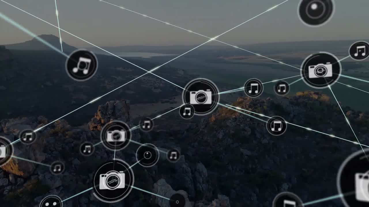 animación de la red de conexiones con iconos sobre el paisaje