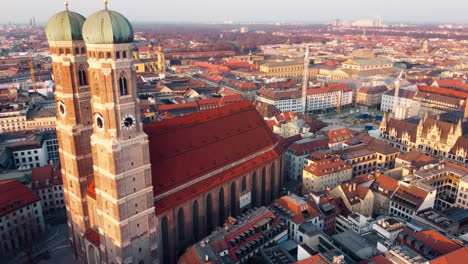 aerial drone shot captures the iconic frauenkirche cathedral in munich germany