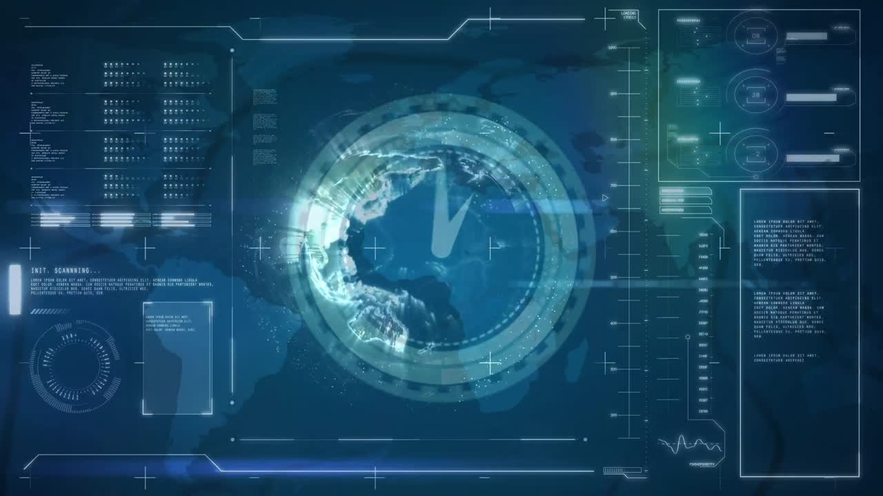 Animation of moving clock and diverse data over globe