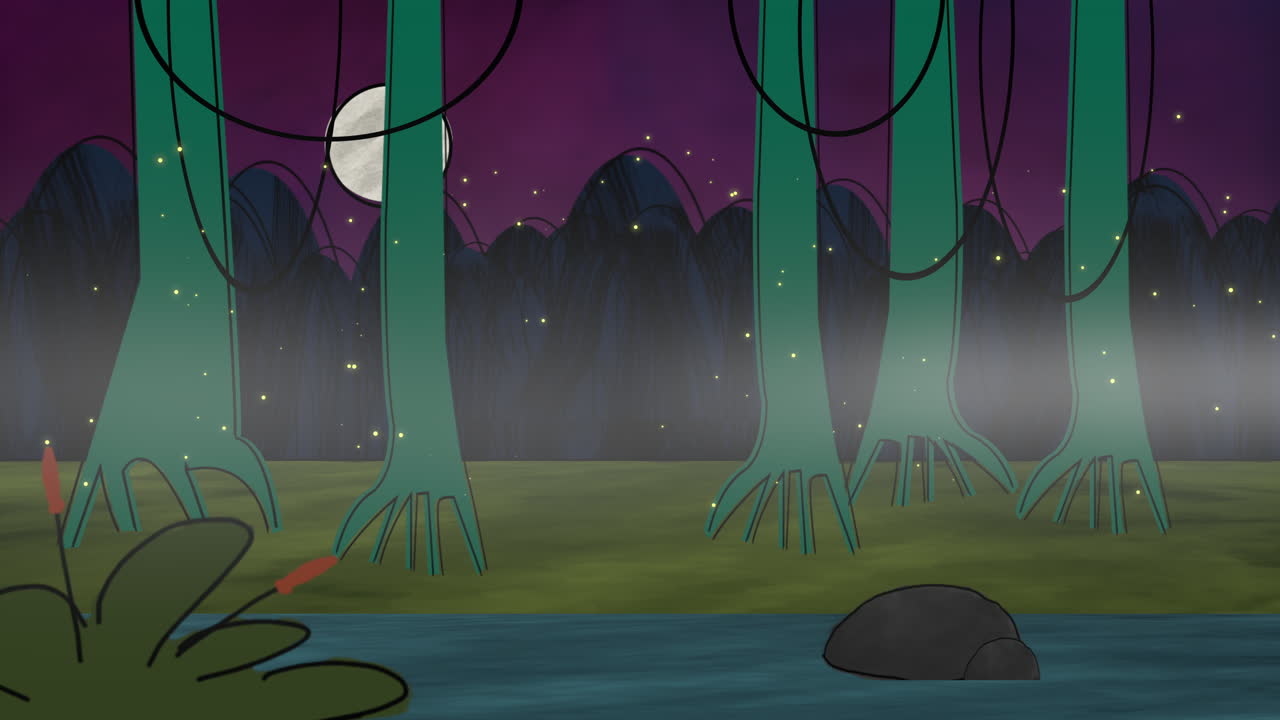 Cartoon animation background with forest and swamp abstract backdrop
