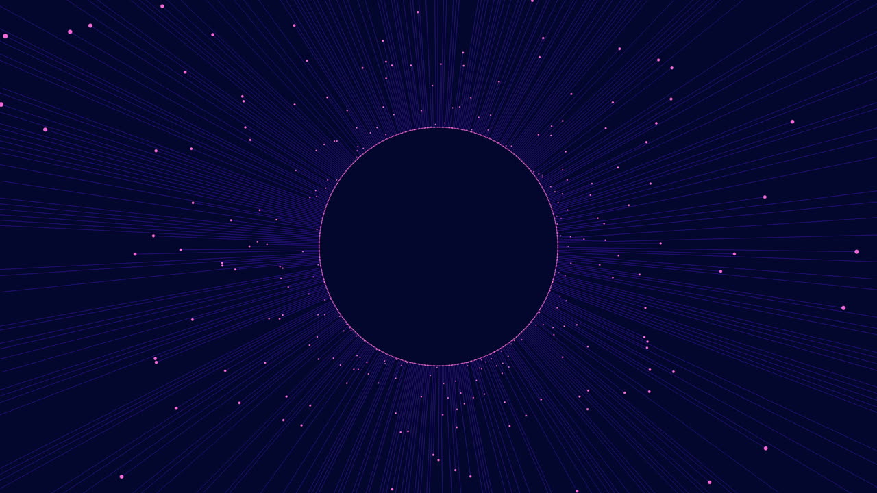 círculo negro dinámico rodeado de líneas radiantes en patrón azul y blanco