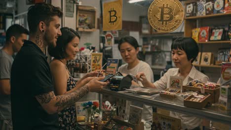 a scene in a cryptocurrency retail shop featuring customers engaging with bitcoin transactions and merchandising activities