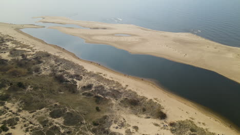 aerial shot of dry desert with sand and natural lake in nature reserve during sunny day