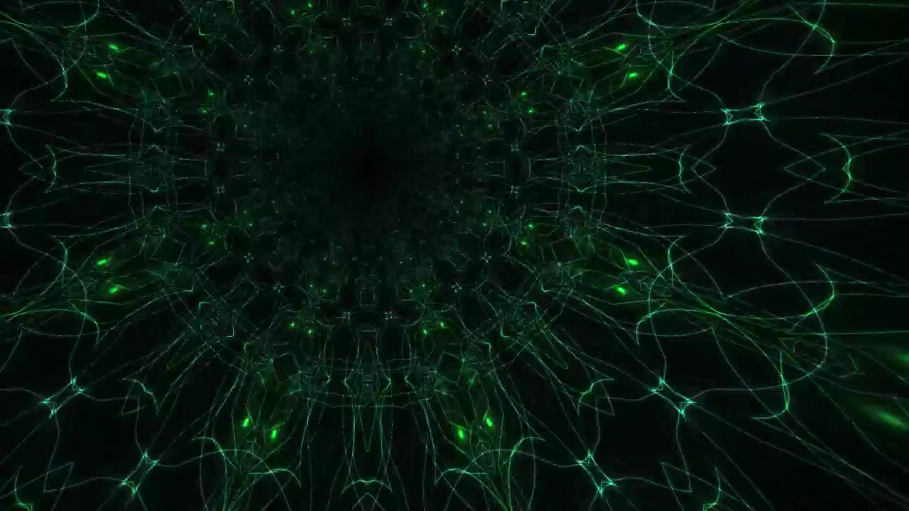 Abstract Green Glowing Kaleidoscope Tunnel Moving Through Dark Digital Space