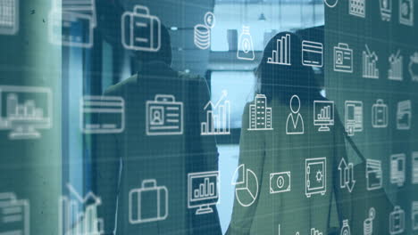 iconos de negocios y animación de análisis de datos sobre personas que caminan en la oficina