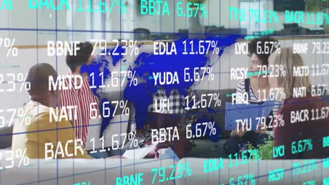Animation-of-stock-market-with-world-map-over-diverse-business-people-at-office