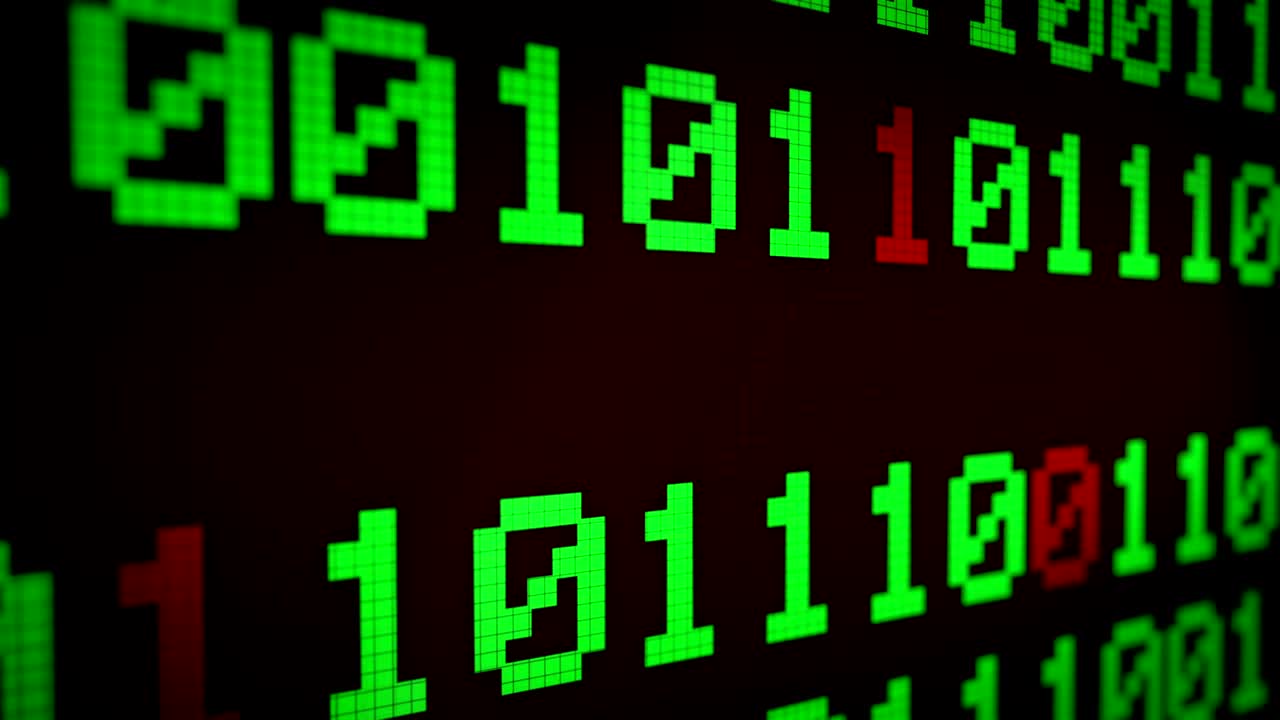 animación 3d: fondo animado en bucle con líneas en ejecución con código binario y texto brillante "virus" de color verde claro y rojo en la pantalla negra. píxeles. 4k. bucle sin costuras.