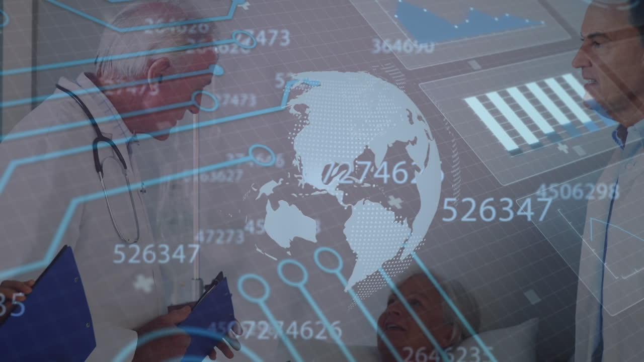 animación del globo y el circuito integrado sobre diversos médicos y pacientes mayores