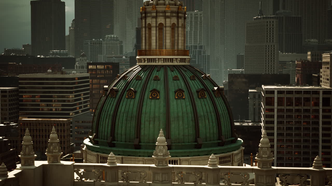 초록색  건물로 된 도시 스카이 라인