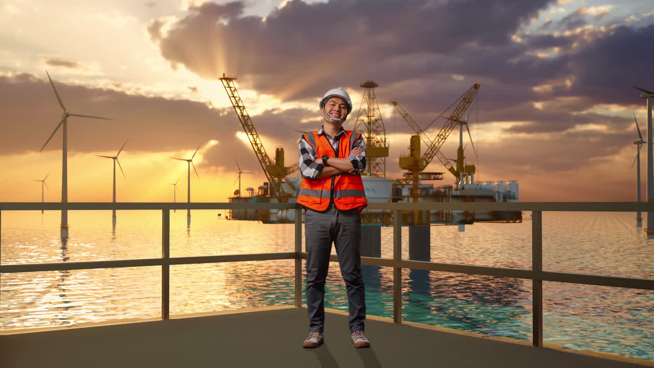 ingeniero en un parque eólico y plataforma de plataformas petroleras