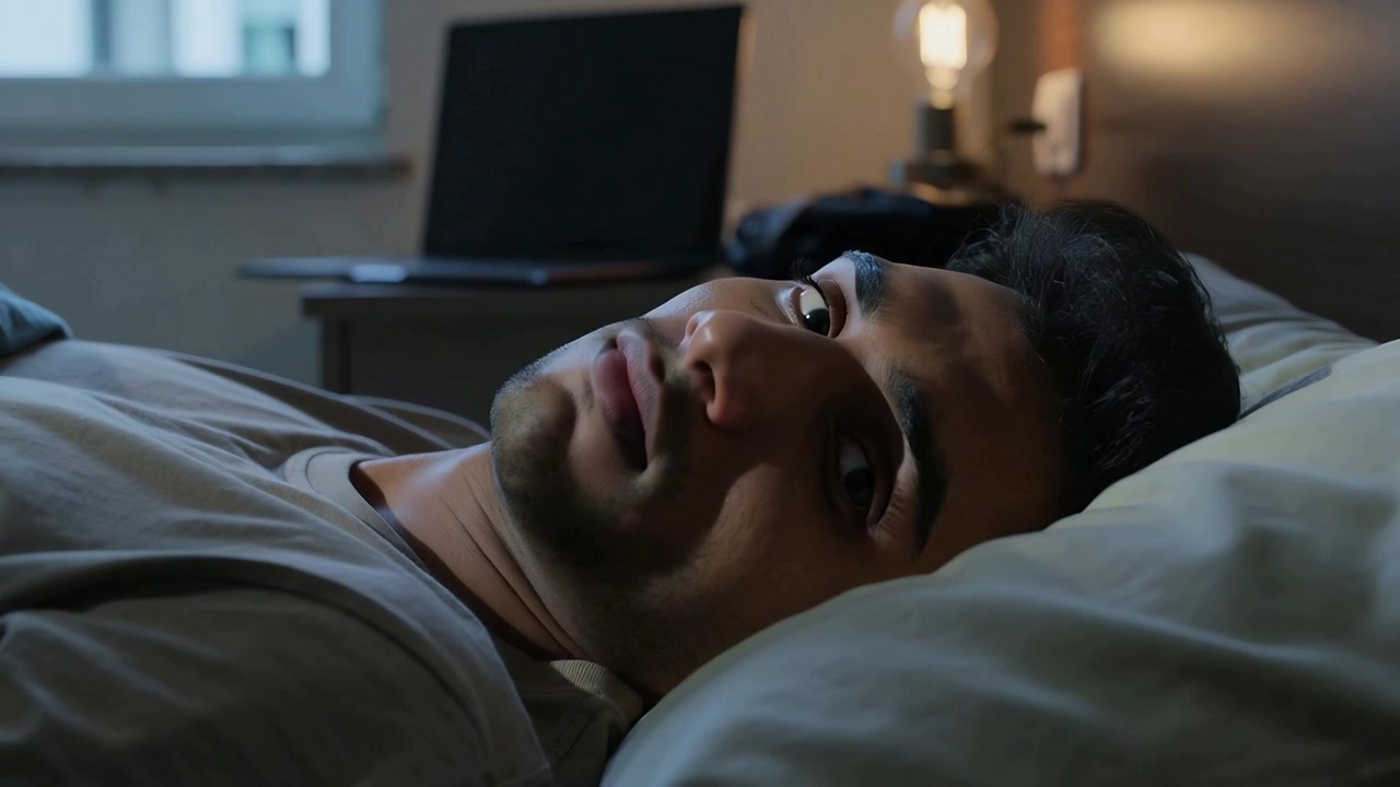 Waking, man in tee turning head and looking at camera in bedroom with lit lamp, laptop