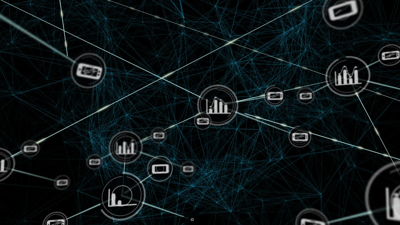 Animation of network of connections with icons on black background