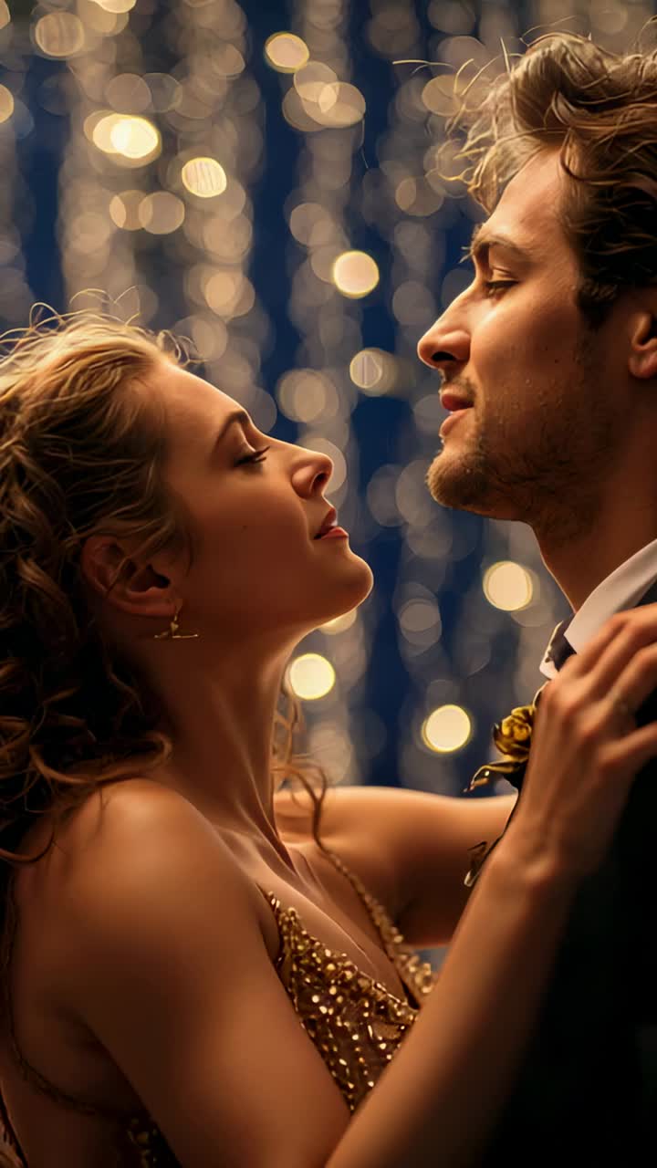 Vertical video: Leaning couple moving to music swell at ballroom, with gold dress and dark suit