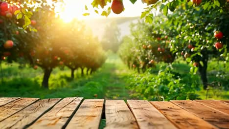 a wooden table in front of an apple orchard with the sun shining through the trees