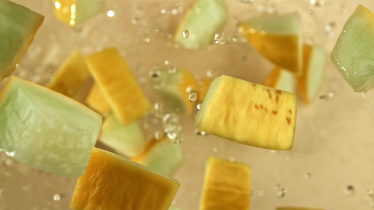 Fresh Diced Melon Pieces Falling in Water in Slow Motion