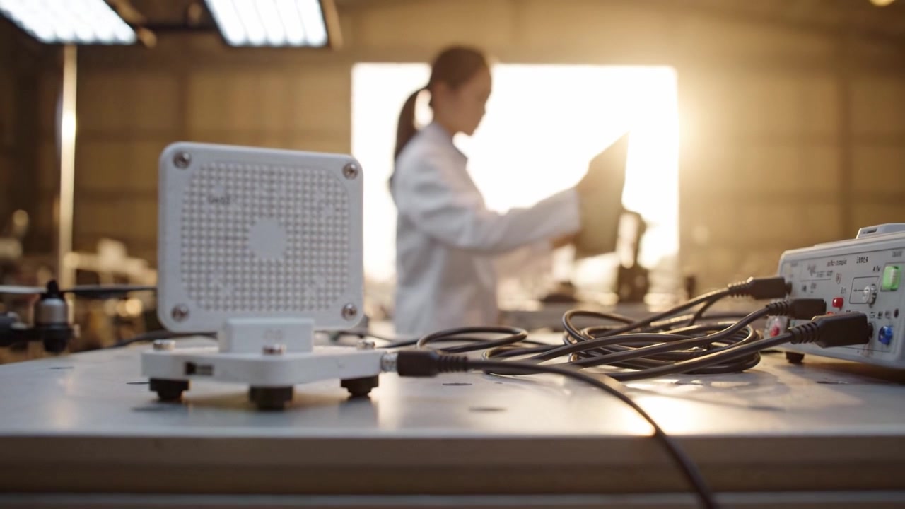 En tekniker arbetar flitigt i en labbmiljö, fokuserar på elektronisk utrustning och mätningar medan solen går ner i bakgrunden och förstärker arbetsplatsens glöd.