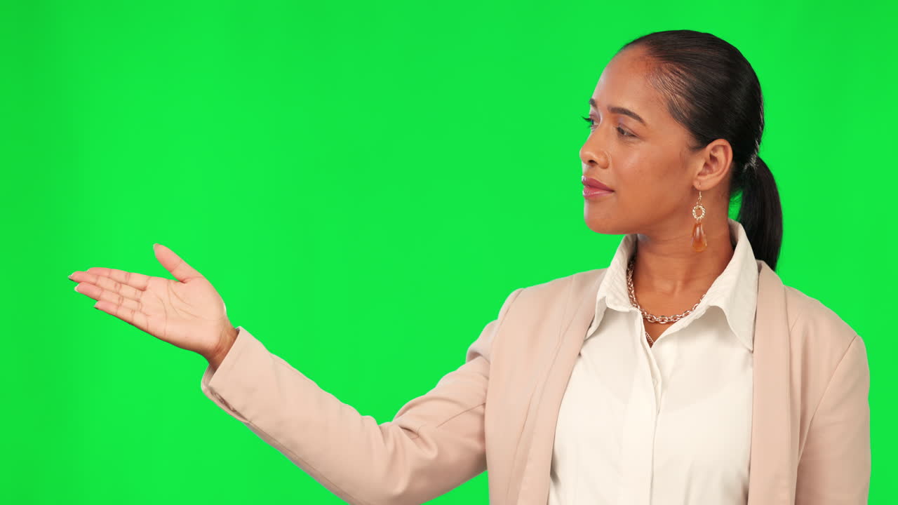 Woman, presentation and point at green screen