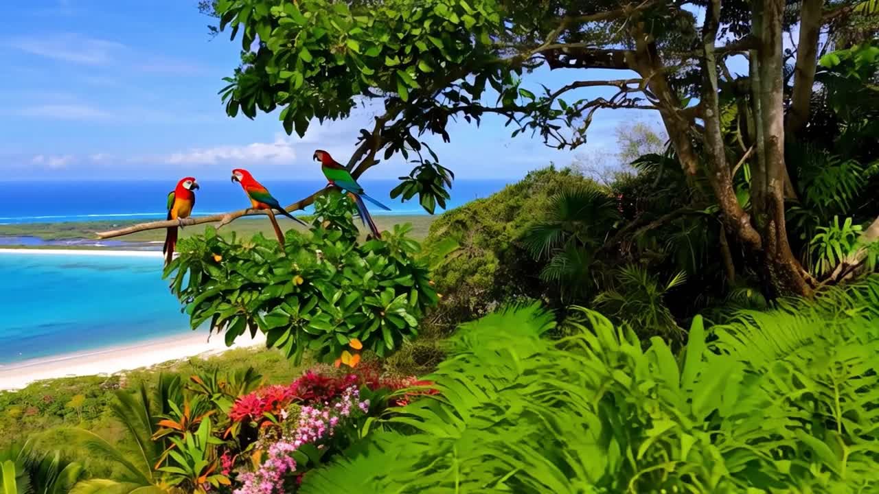 Vista de Praia Tropical com Araras e Vegetação Exuberante
