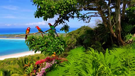 tropical beach view with macaws and lush greenery