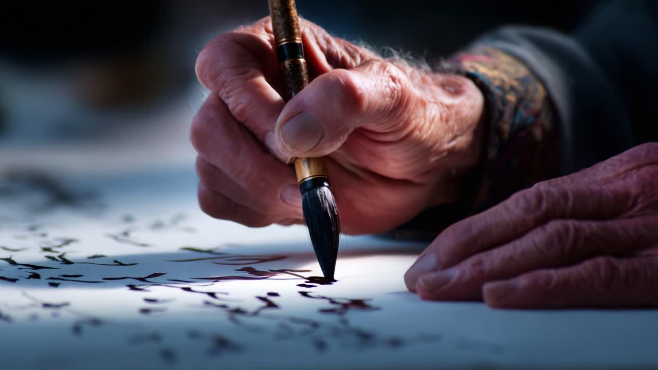 An Elderly Artist Captures the Essence of Calligraphy with Graceful Brushstrokes, Creating Vibrant Patterns on Paper in a Serene, Well-Lit Workspace