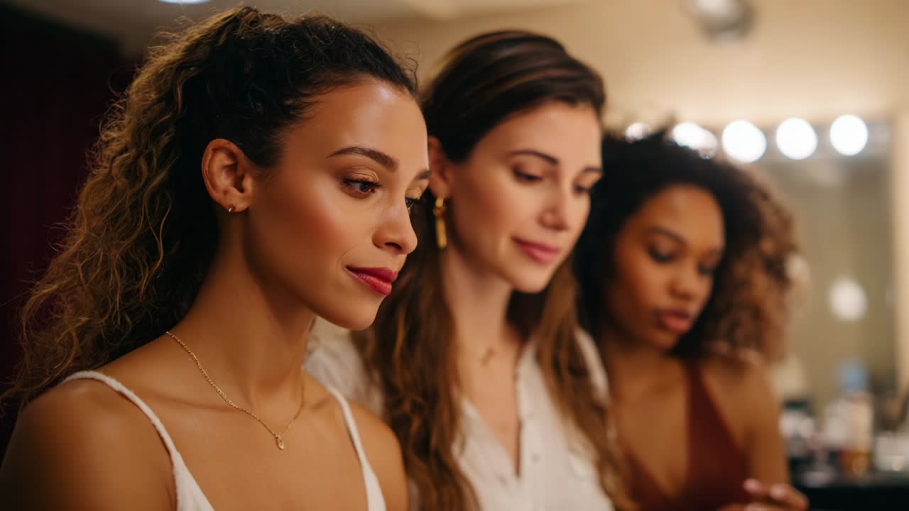 Three Women Intently Preparing for a Moment of Beauty and Confidence in an Elegant Dressing Room, Focused on Their Reflections and Looks in a Warmly Lit Environment with Mirrors and Makeup Gear