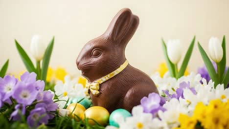 A Beautifully Crafted Chocolate Bunny Surrounded by Colorful Easter Eggs and Vibrant Spring Flowers, Capturing the Joy and Spirit of Seasonal Celebrations