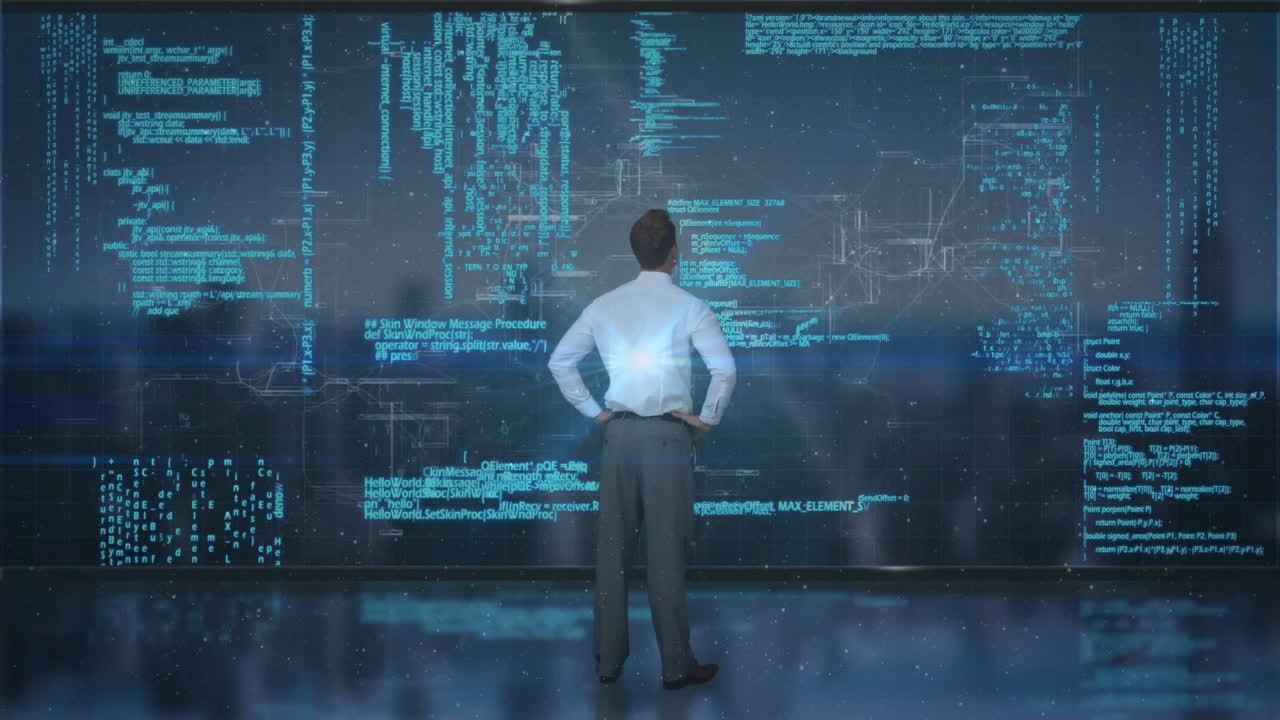 Analyzing complex data, man using animation on digital screen in office