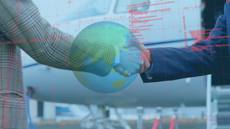 businessmen shake hands at airport, symbolizing global business and tech integration.