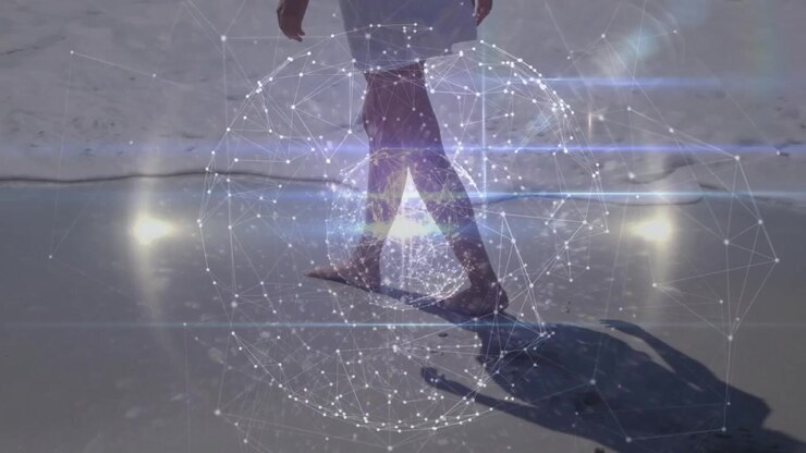 Animation of network of connections over caucasian woman at beach