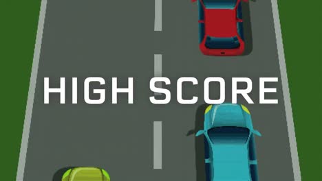 Animación-Del-Texto-De-Puntuación-Más-Alta-En-La-Pantalla-Con-Un-Juego-De-Carreras-De-Coches-En-Segundo-Plano