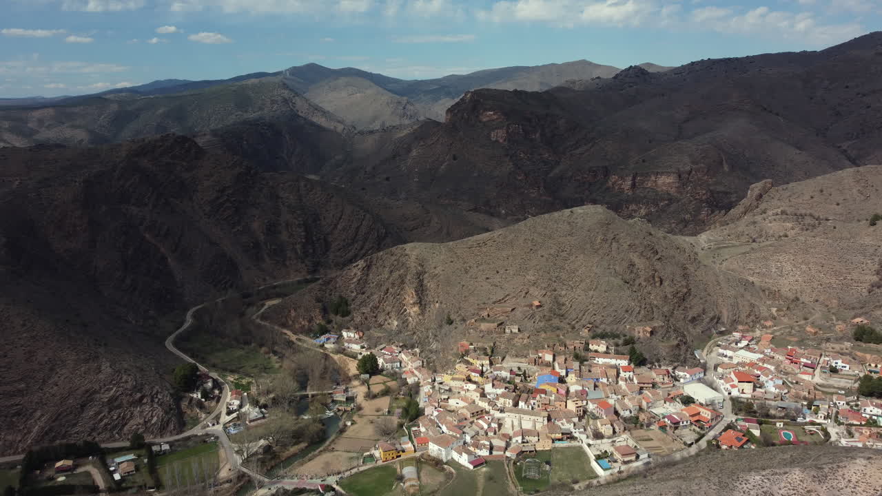 Aerial View of a Spanish Village Nestled in a Mountain Valley