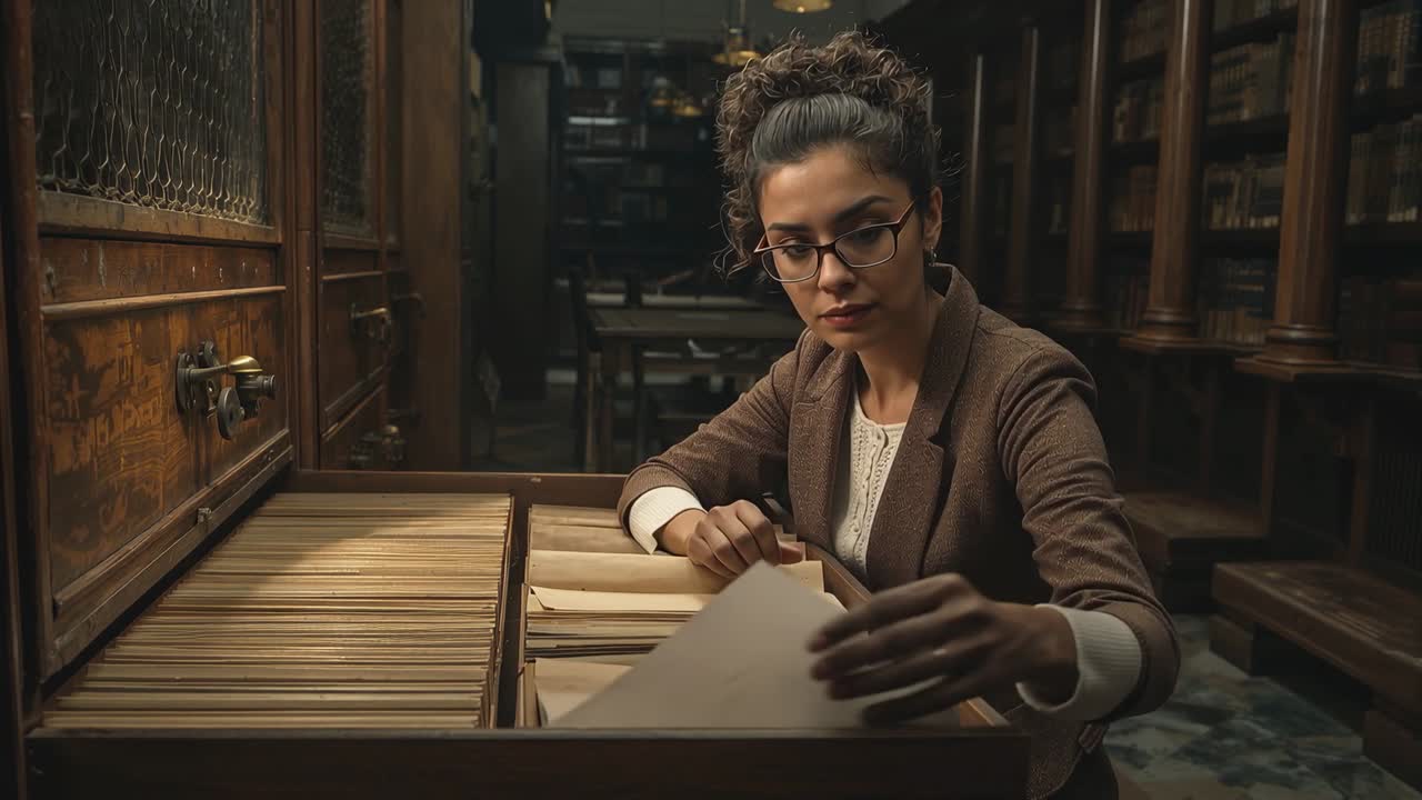 Mulher de blazer marrom e óculos inclinada para a frente, pegando pastas Manila em uma gaveta e lendo um arquivo para estudo.