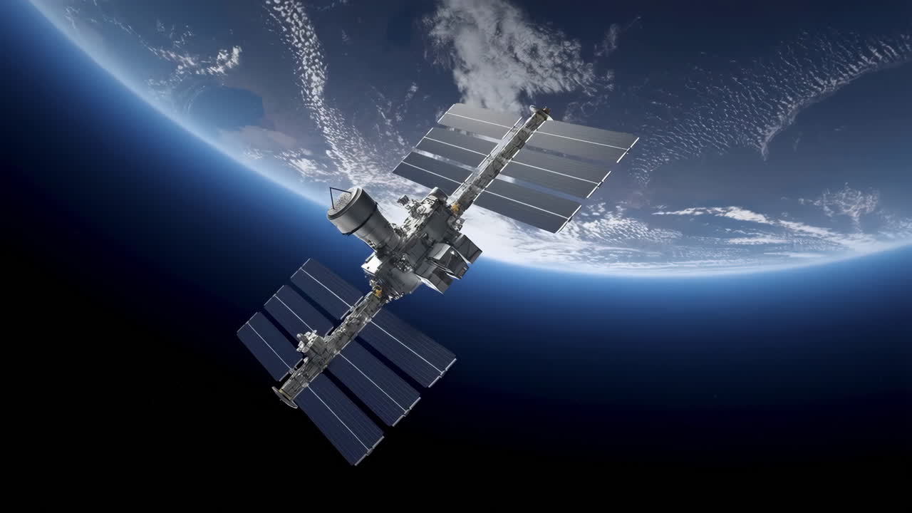 Satellite orbiting Earth with solar panels