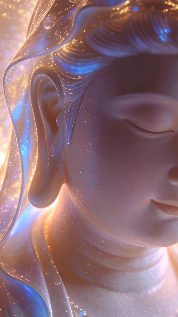Vidéo verticale : La caméra recule, révélant un buste dévotionnel sculpté dans un sanctuaire, montrant un voile auréolé de lumière.