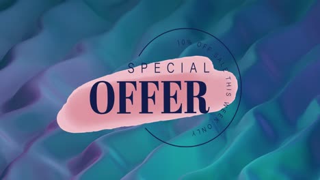 animación del texto de la oferta especial en fondo líquido rosa y azul