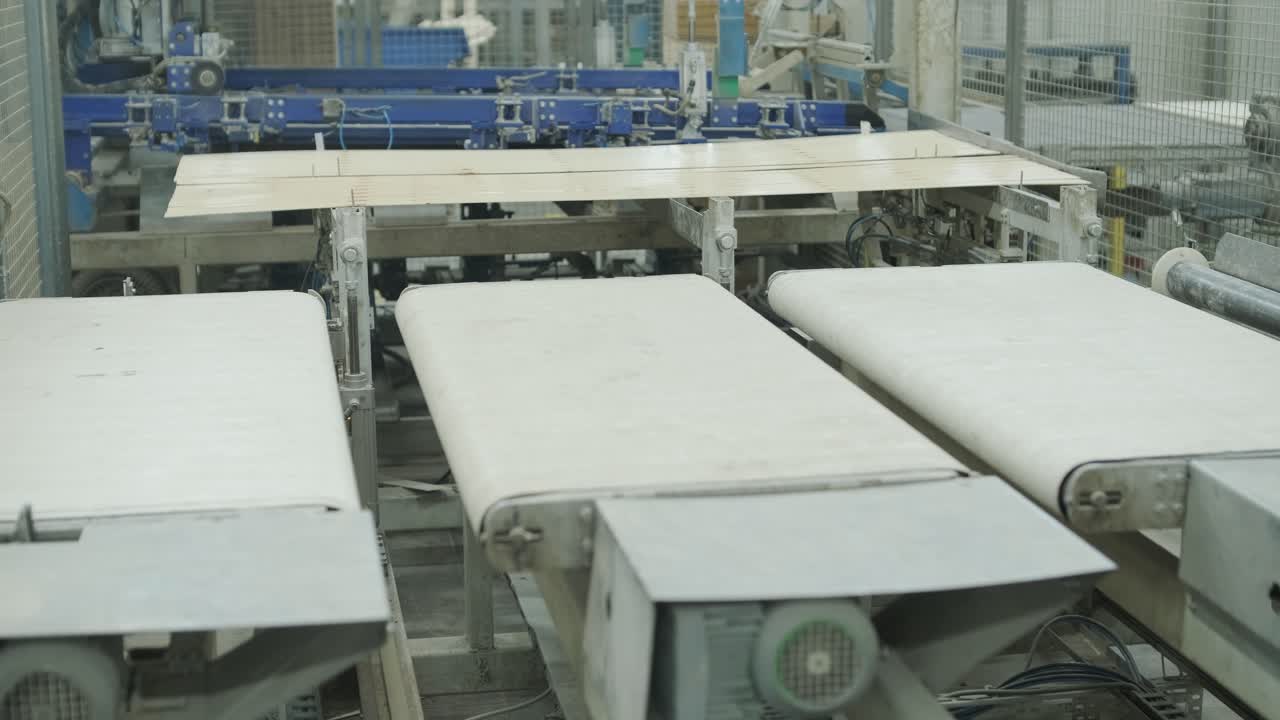 Wooden Strips Moving on Automated Conveyor Belt in Factory