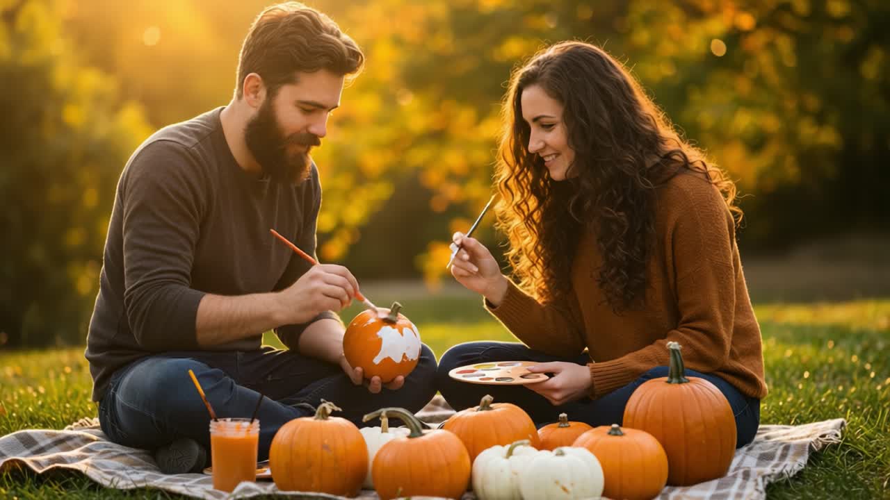 A couple painting pumpkins outdoors during autumn