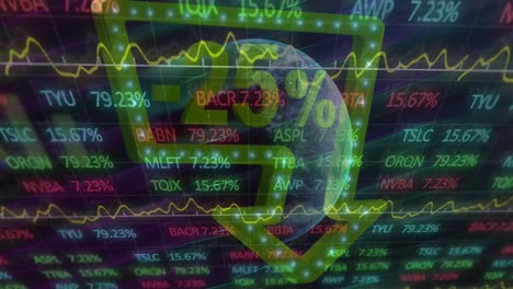 animación del signo de flecha de venta del 25 por ciento y procesamiento de datos financieros en todo el mundo