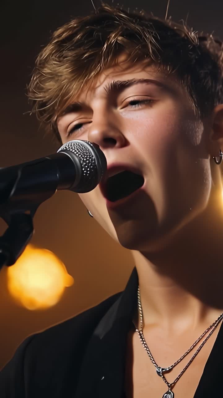 A Young Male Singer Passionately Performing on Stage, Captured in Two Dynamic Frames Showcasing Emotional Delivery and Engaging Audience Connection
