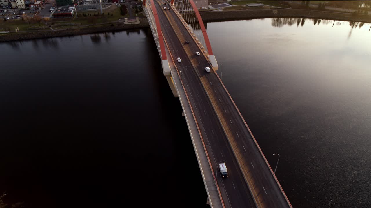 Aerial reveal of Hastings Bridge over Mississippi River