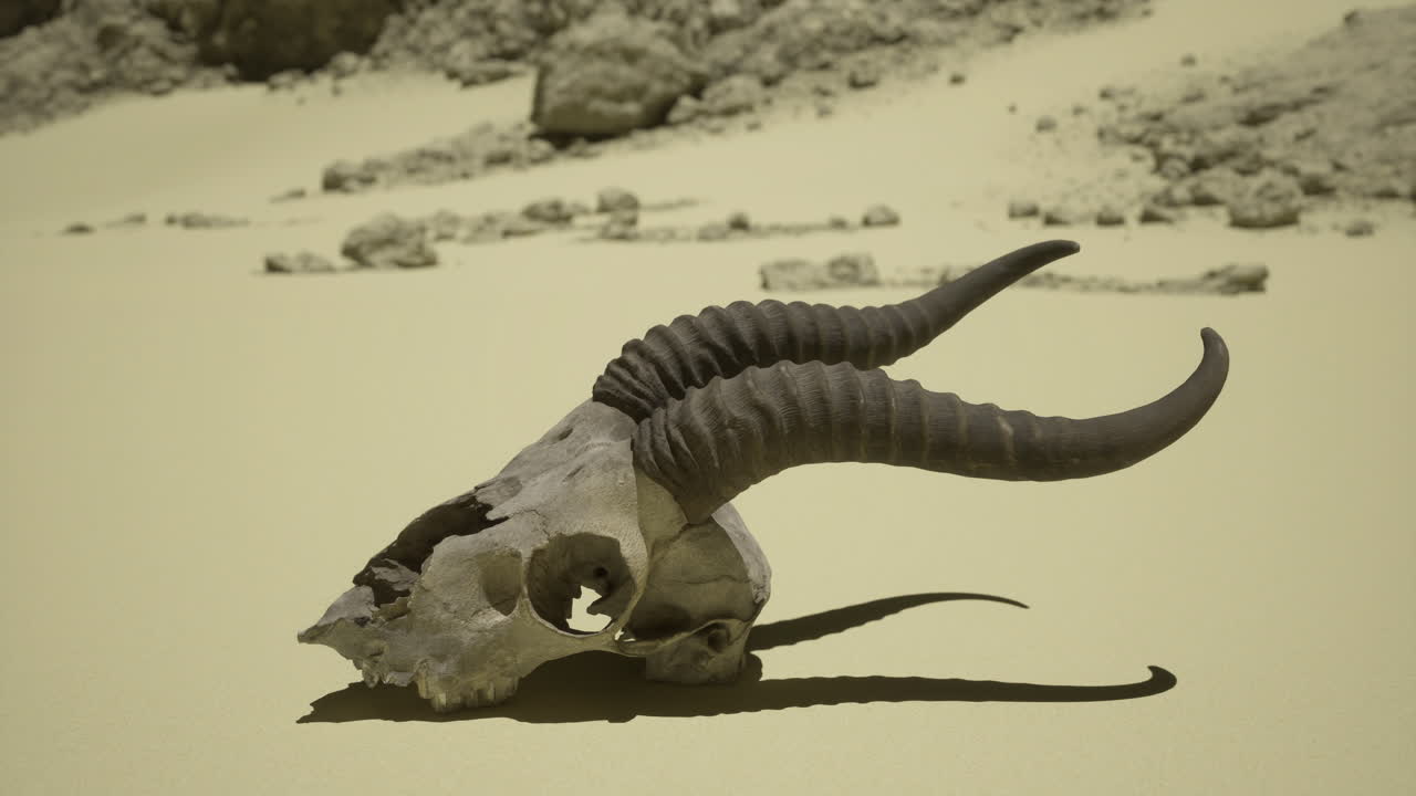 Skull of a ram rests on desert sand under bright sunlight