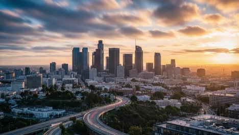 downtown los angeles cityscape at sunset