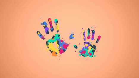 Animation-of-colorful-hand-print-icons-on-orange-background