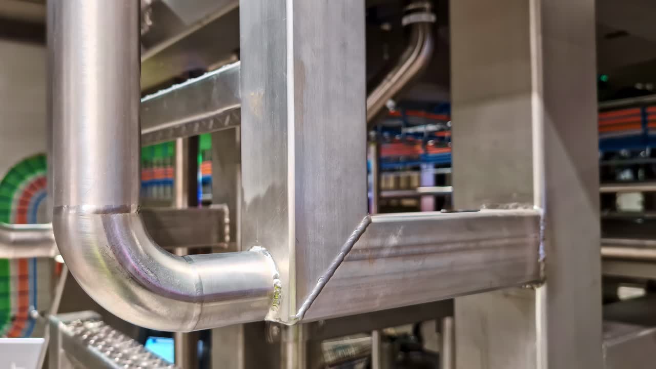 Vertical pipes and metal junctions in factory facility, clean mechanical industrial layout, welding details