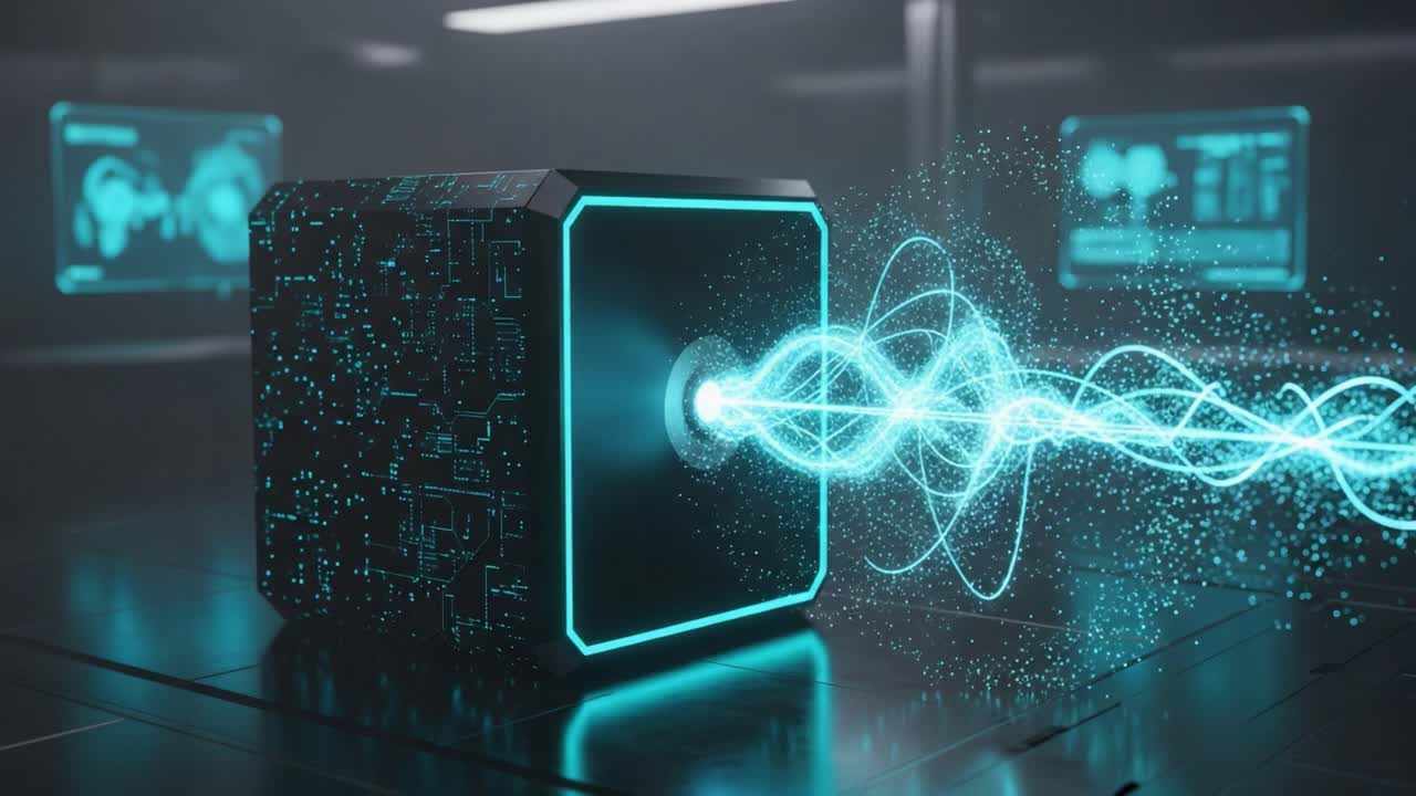 Futuristic Energy Cube Emitting Dynamic Waves of Light and Energy in a High-Tech Environment with Floating Digital Data Displays