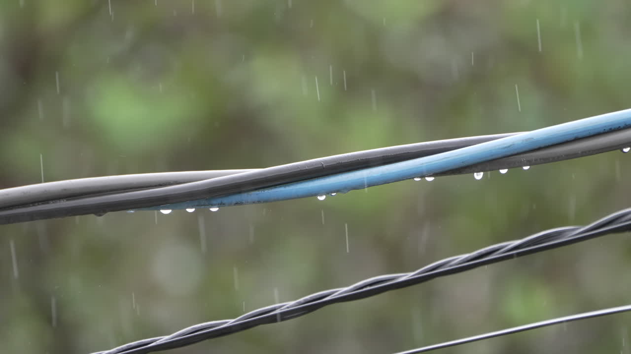 gotas de lluvia que gotean de los cables de alimentación enrollados al aire libre en un clima lluvioso