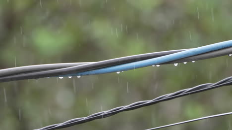 Gotas-De-Lluvia-Que-Gotean-De-Los-Cables-De-Alimentación-Enrollados-Al-Aire-Libre-En-Un-Clima-Lluvioso