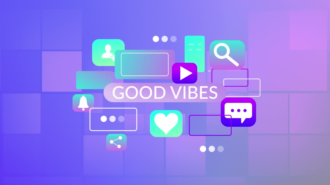 Animation of good vibes text and icons on blue background