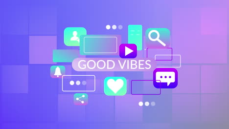 animación de texto y iconos de buenas vibraciones sobre fondo azul