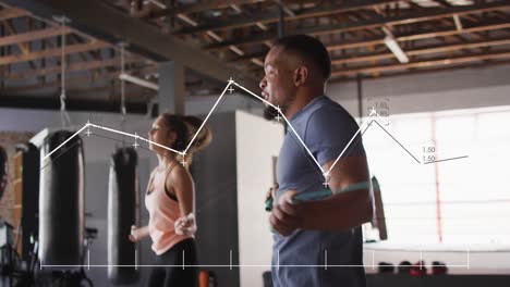 animation of data processing over diverse man and woman exercising in boxing gym